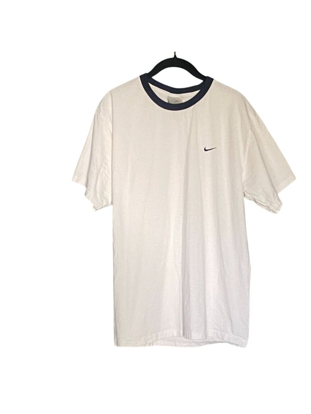 Nike Banded Neckline Adult Short Sleeve T-Shirt-White/Navy Blue-Size M-GUC